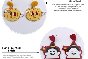Detail view of Halloween pumpkin and ghost earrings with high-quality epoxy painting finish