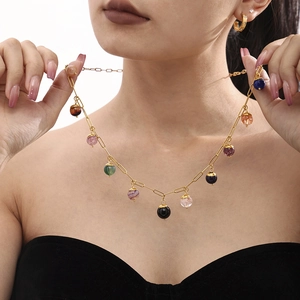 Bohemian colorful natural stone necklace with gold long chain and multi-gemstone charms