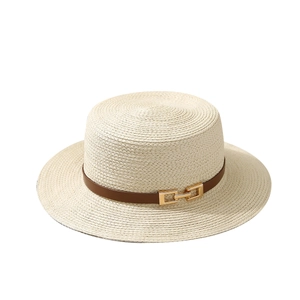 French style flat top boater straw hat with brown leather band and gold buckle