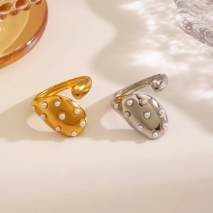 French vintage gold and silver stainless steel rings with pearl inlay in geometric design