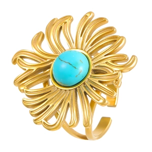 Detail of 18k gold plated ring featuring a sunburst design with a turquoise center
