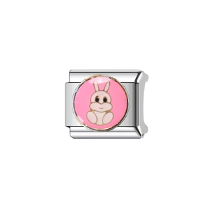 Close-up of silver modular stainless steel bracelet link with pink enamel rabbit charm