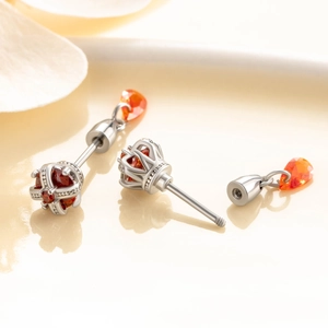 Crown-shaped titanium steel ear studs with orange water drop pendants and screw backs