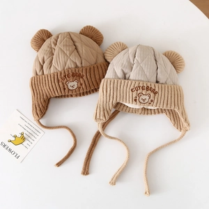 Quilted winter bear ear hats for kids with warm fleece lining and embroidered cute bear design