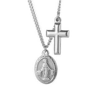 Silver titanium steel necklace with cross pendant and Mary oval medallion on white background