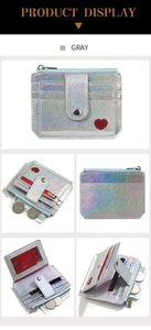Détail du porte-cartes en PU laser gris avec broderie coeur et fentes pour cartes