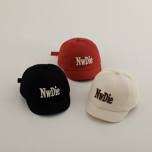 Kids baseball cap with NwDie 3D embroidery in black, red, and beige cotton twill