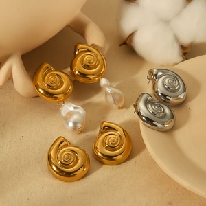 Conch Snail Shell Stud Earrings Stainless Steel With Artificial Baroque Pearl Drop Hypoallergenic Geometric Statement For Women