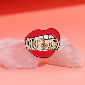 Cartoon red lips biting a roll of dollar bills enamel pin on pink crystal stones