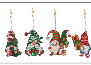 Detailed view of four colorful wooden Christmas gnome ornaments with hanging jute ropes