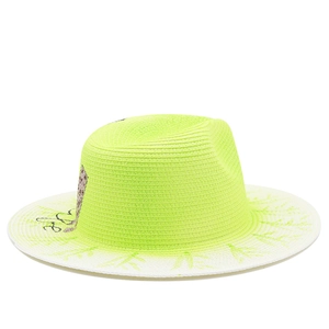 Neon green wide brim straw sun hat with palm leaf patterns and leopard patch detail