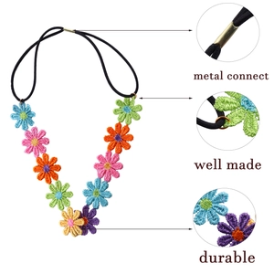 Colorful embroidered daisy floral headband with durable metal connector and black elastic strap