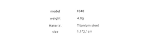 Detailed product specifications showing titanium steel material, 4.0g weight and F848 model