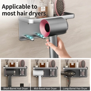 Wall-mounted gunmetal aluminum hair dryer holder with storage shelf and side bucket