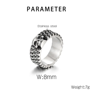 Detailed parameter view of gothic stainless steel skull ring with 8mm width and 7g weight