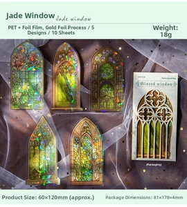 Macro shot of Gothic emerald flower window PET stickers with gold foil details