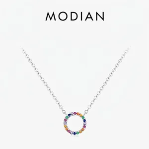 925 Sterling Silver Necklace With Round Rainbow Zircon Pendant Colorful Sparkling Gemstone Jewelry For Women