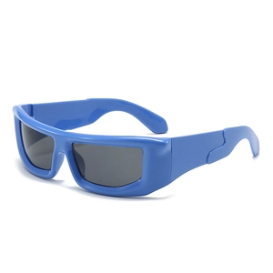 Y2K punk style square wrap around sunglasses with blue frame and black lenses