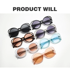 Detail view of oval cut-out retro sunglasses in multiple colors and transparent frames