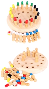 Detailed view of colorful wooden memory chess game pieces and board for kids