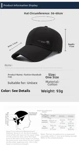 Size guide for cotton baseball cap showing 9.5cm long brim and 56-60cm head measurements