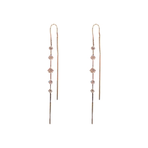 Rose gold long tassel threader earrings with square cubic zirconia on a white background