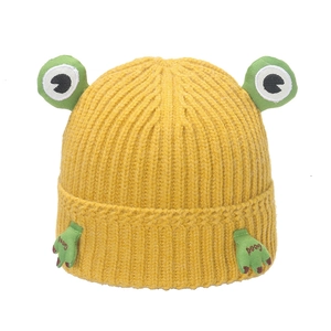 Bright yellow knitted frog hat with cute cartoon 3D eyes and 'Good' embroidery