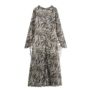 Tiger print chiffon maxi dress with V-neck and drawstring cuffs on a clean white background