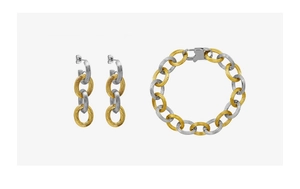 Detail of two-tone 18K gold plated textured link chain earrings and bracelet jewelry set