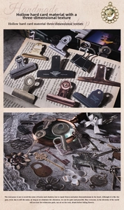 Detailed view of vintage metal keys and bronze clips for scrapbooking and DIY crafts