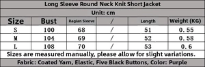 Size guide for the long sleeve crew neck knit jacket with fabric details and measurements