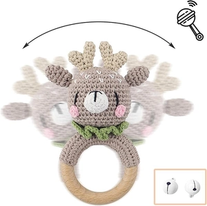 Handmade crochet reindeer baby rattle with natural wooden ring and motion sound effects