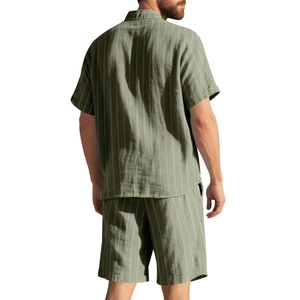 Back view of men's summer linen set with light green vertical stripes and matching shorts