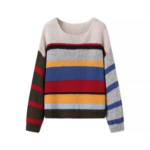 Women Colorful Rainbow Stripe Knit Sweater Loose Oversized Crew Neck Retro Long Sleeve Pullover Knitwear Tops