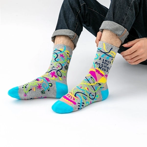 Grey cotton socks with colorful graffiti and I Love My Asshole Kids text on white background