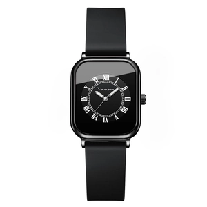 Elegant black square face quartz watch with silicone strap and white Roman numerals