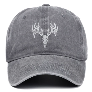 Unisex washed cotton baseball cap featuring white embroidered deer skull in dark grey finish
