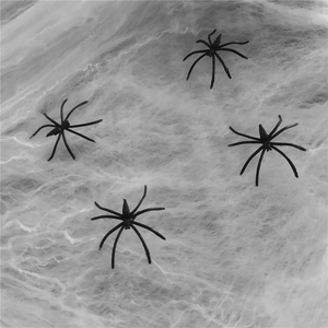 White Halloween spider web decoration with four realistic black plastic spiders for party decor