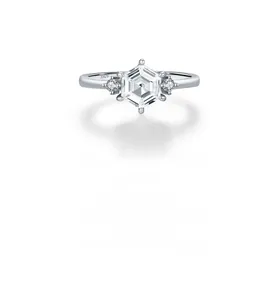 Detailed macro view of S925 sterling silver ring with hexagonal cut central sparkling stone