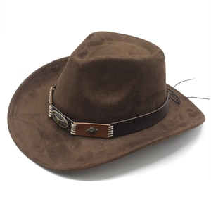 Dark brown faux suede western cowboy hat featuring vintage metal bull head ornament