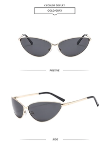 Detailed front and side views of vintage gold metal cat-eye sunglasses with gray lenses