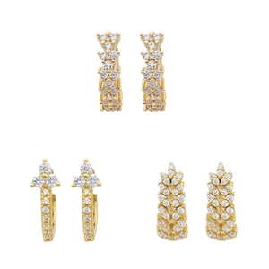 Three pairs of elegant gold-tone wheat and geometric stud earrings with white zircons