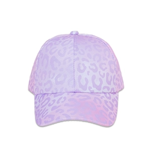 Detail view of the lavender leopard print baseball cap with six-panel construction