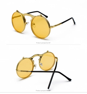 Steampunk flip-up sunglasses with gold metal round frames shown in 90 and 180-degree views