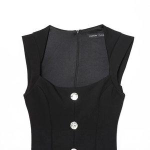 Chic black sleeveless romper for women featuring decorative rhinestone buttons