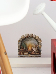Détail du sticker mural 3D de Noël montrant une souris lisant dans une arche en pierre