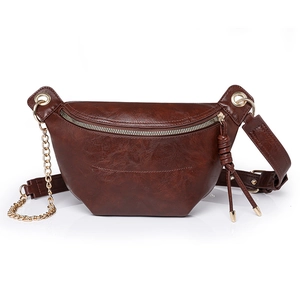 Deep brown retro faux leather chest bag with golden chain strap and double tassels