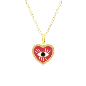 Detail of S925 silver gold-plated heart pendant with red enamel and evil eye motif