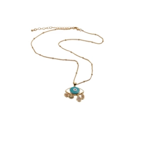Gold satellite chain necklace with blue enamel evil eye and Hamsa hand pendant charms