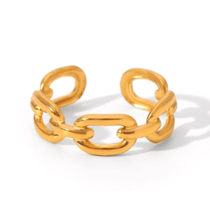 Detail of adjustable gold Cuban chain ring showing its textured links and metallic finish